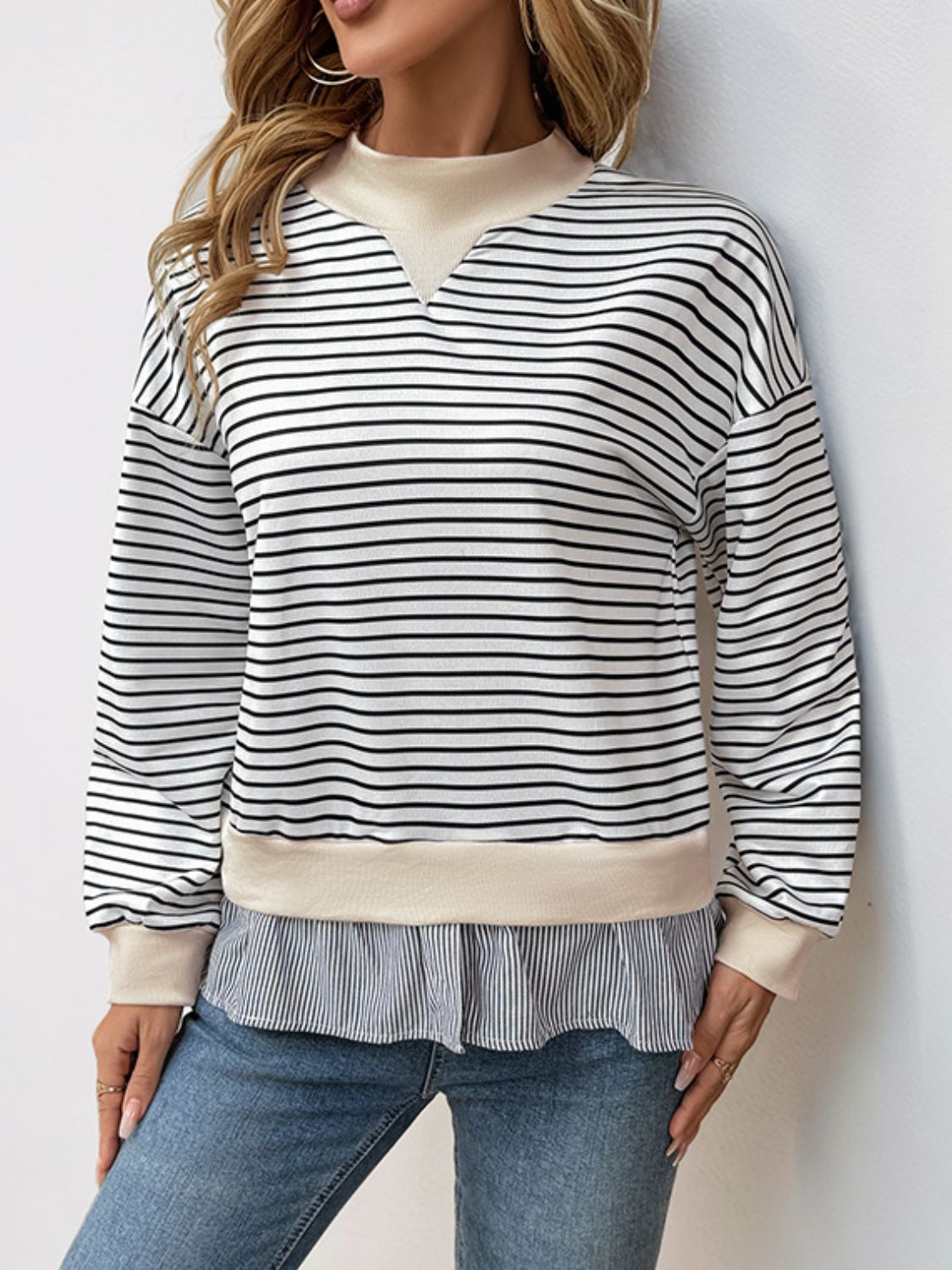 Outfit Flow - Perfee Faux Layered Striped Long Sleeve Sweatshirt