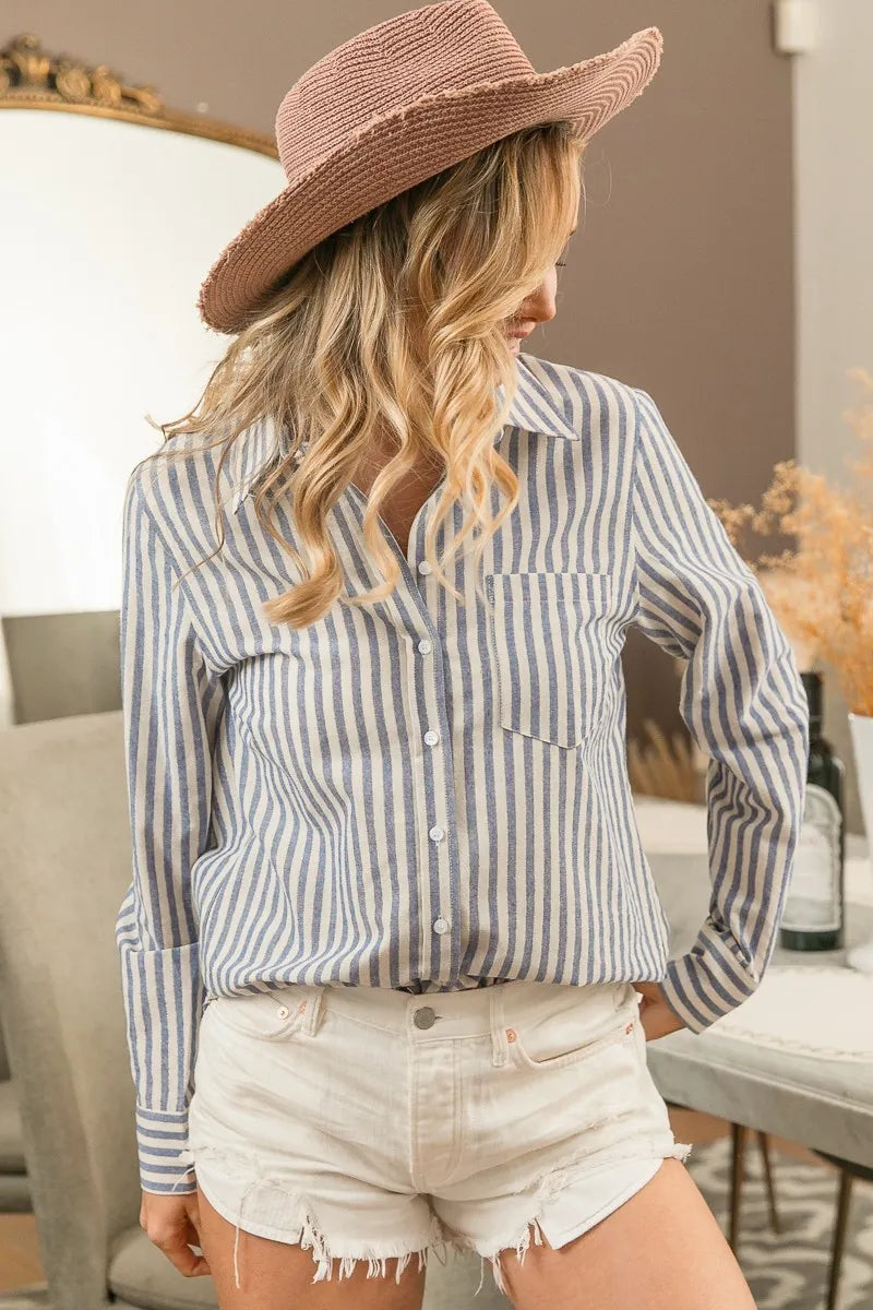 BiBi Lurex Linen Stripe Shirt Button Down Top OutfitFlow