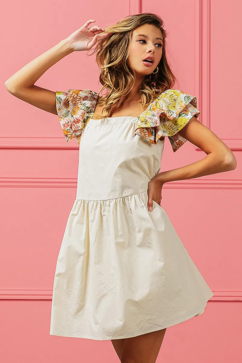 BiBi Flower Embroidered Floral Print Sleeve Dress OATMEAL OutfitFlow