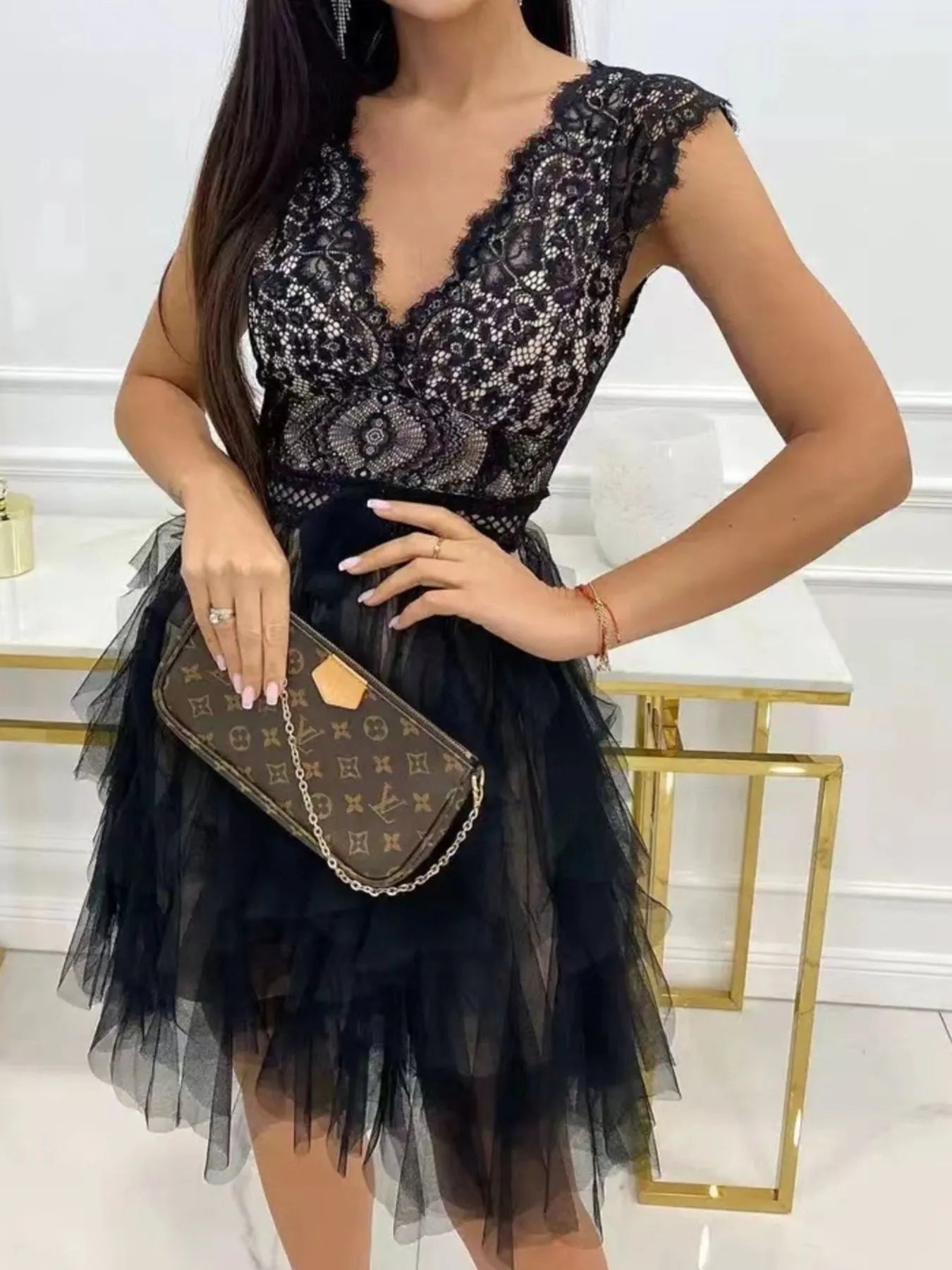 Lace V-Neck Ruffle Dress Black OutfitFlow