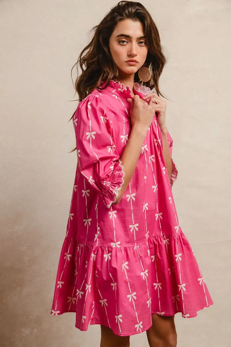 BiBi Ribbon Patterns With Scallops Edge Details Short Sleeve Dress OutfitFlow