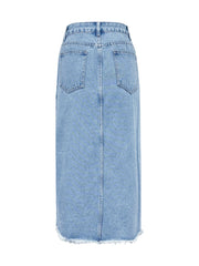 Raw Hem Slit Midi Denim Skirt