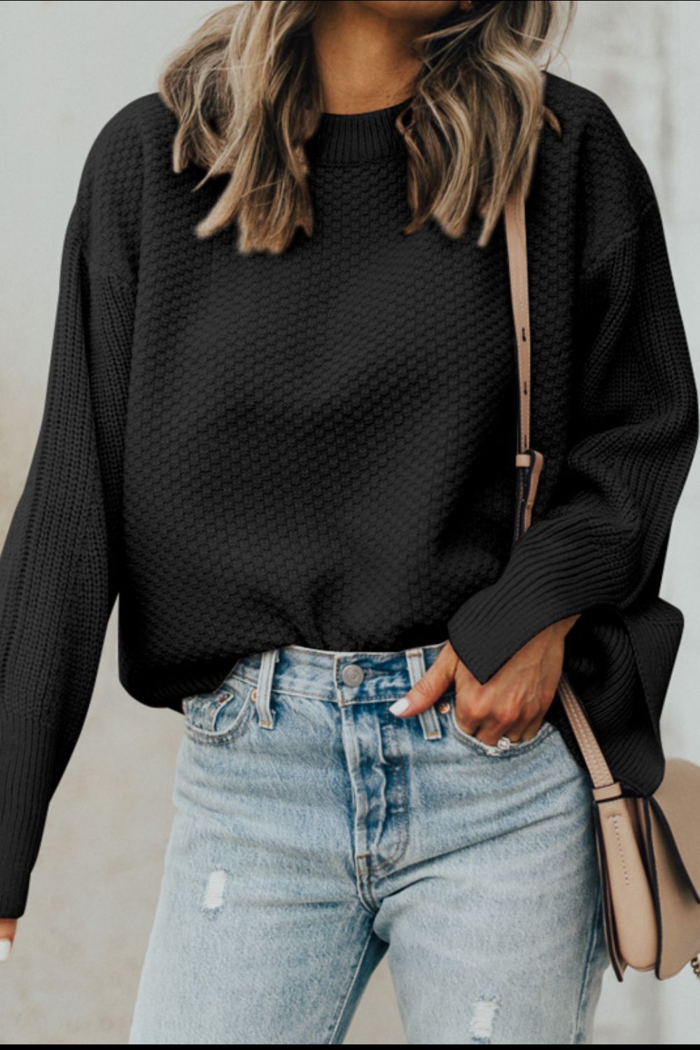 Outfit Flow - Slit Cuff Round Neck Long Sleeve Sweater