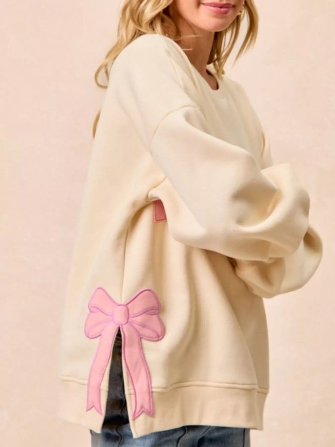 MERRY Bow Slit Crew Neck Christmas Sweatshirt OutfitFlow