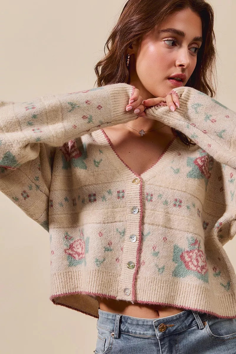 SO ME Floral Pattern Long Sleeve Button Sweater Cardigan OutfitFlow