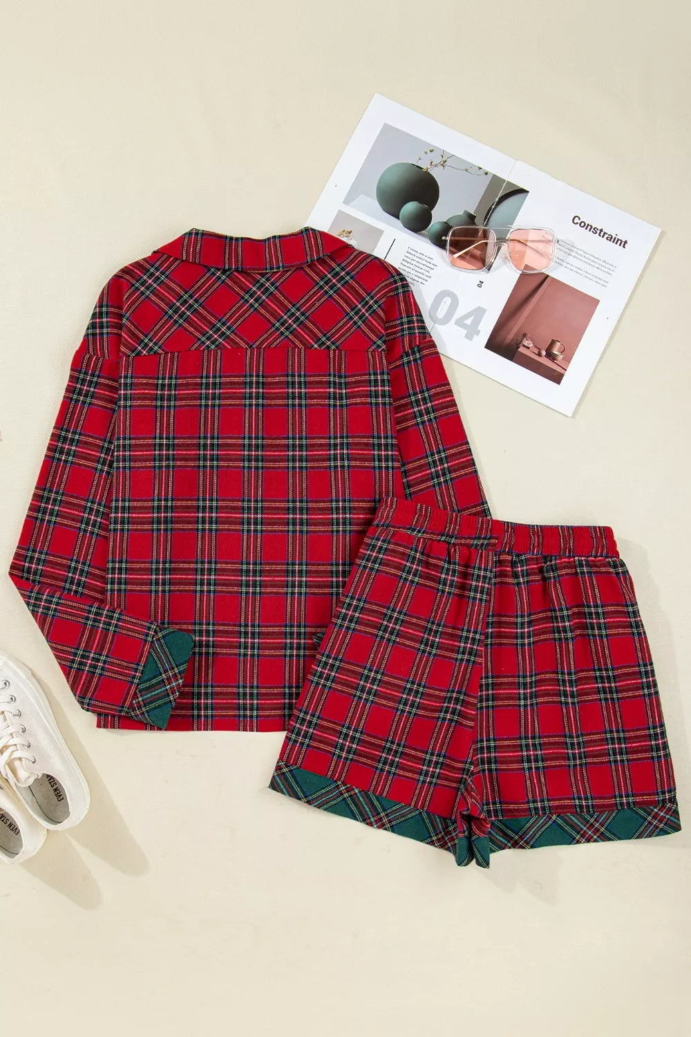 Plaid Contrast Patched Christmas Holiday Long Sleeve Shirt and Short 2pcs Pajama Set OutfitFlow