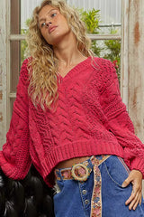 POL Cable-Knit Solid V-Neck Cropped Sweater OutfitFlow