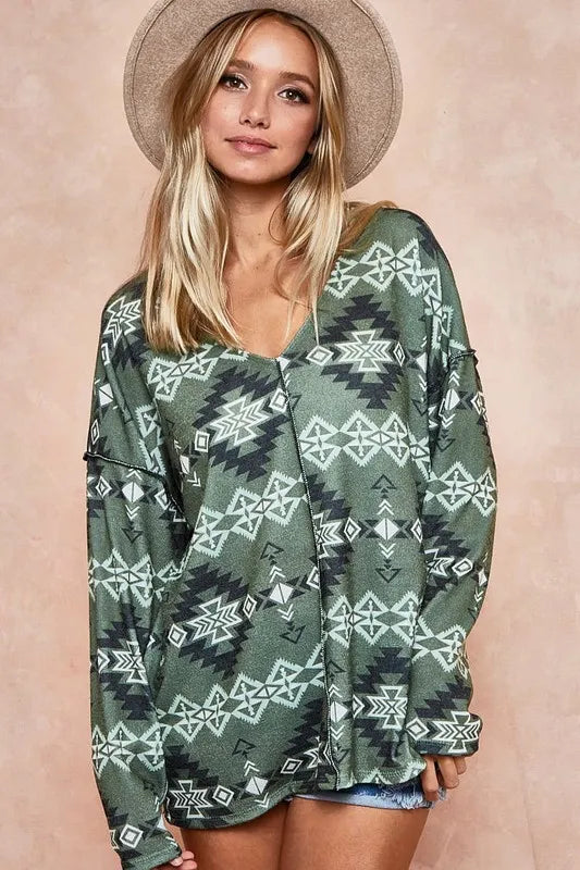 BiBi Aztec Print Brushed Out Stitching Detailed Top OutfitFlow