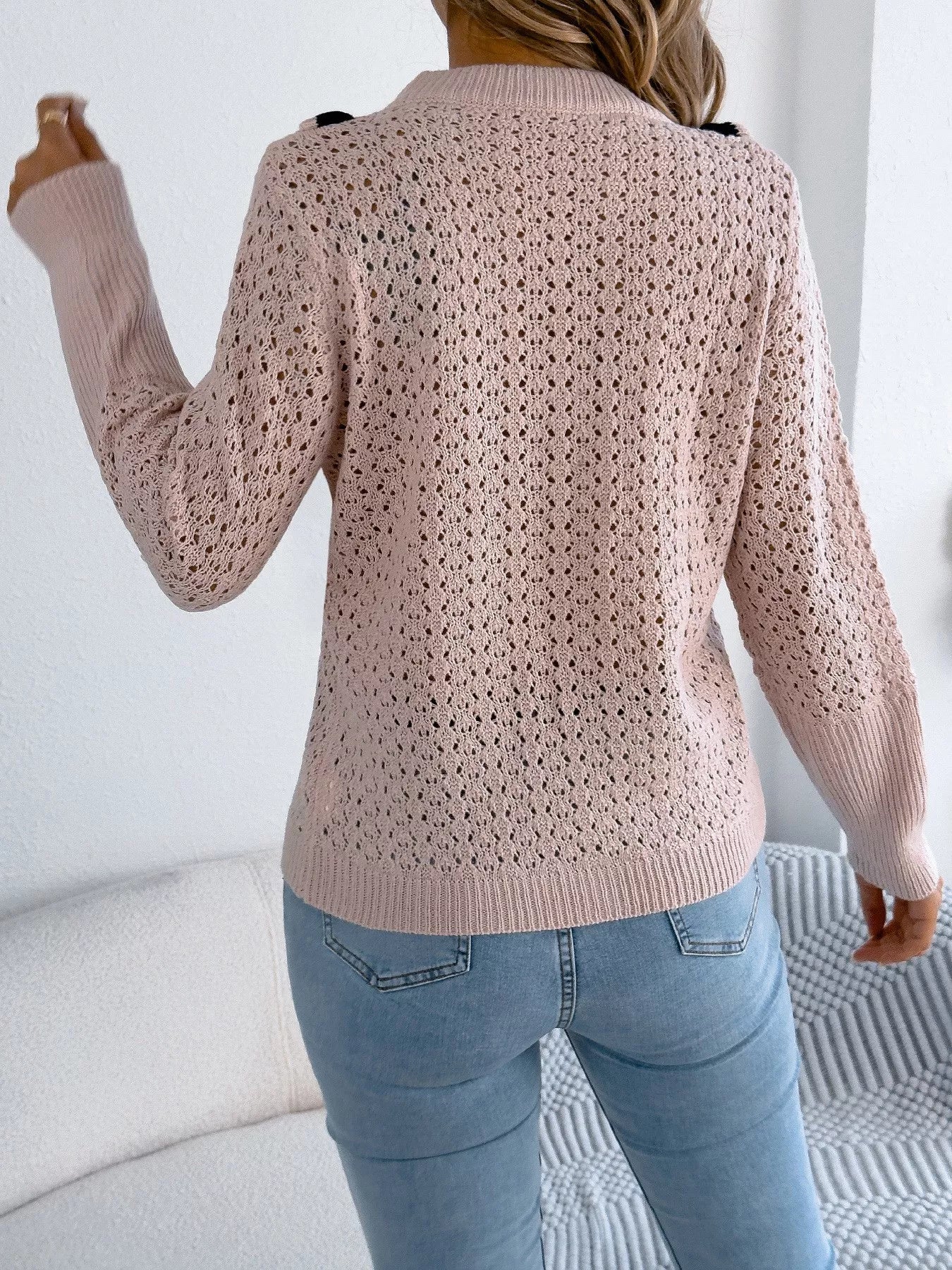 Hollow-Out Knit Top with Contrast Trim OutfitFlow