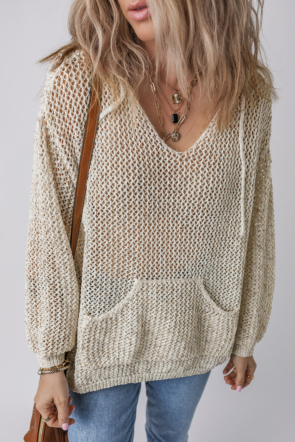 Outfit Flow - Openwork Dropped Shoulder Hooded Knit Top