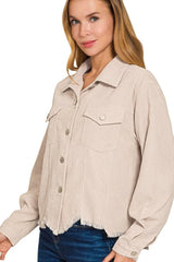 Zenana Distressed Corduroy Frayed Hem Cropped Jacket OutfitFlow