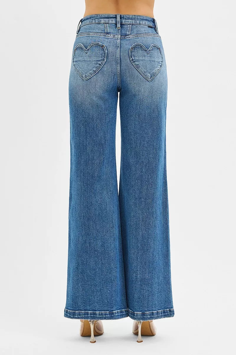 RISEN High Rise Wide Leg Jenas with Front Yoke and Heart Back Pocket OutfitFlow