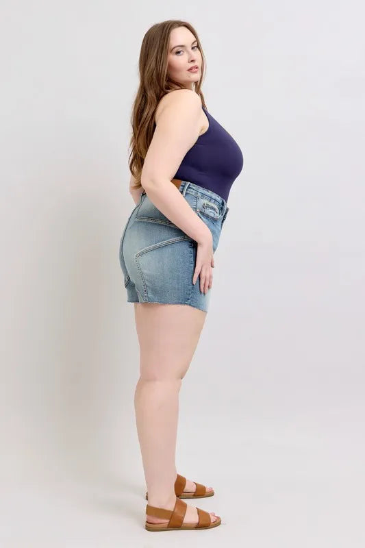 Judy Blue Full Size High Waist Star Seam Detail Denim Shorts Plus Size OutfitFlow