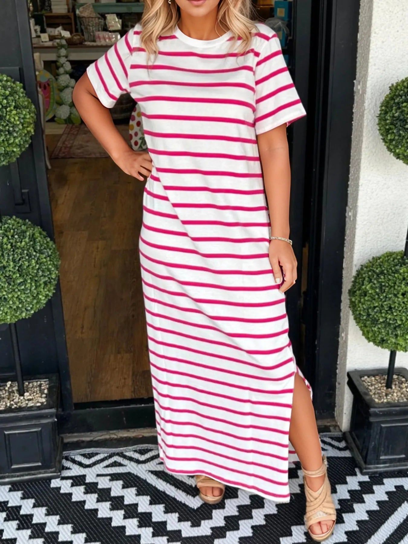 Full Size Striped T-Shirt Maxi Dress with Side Slit Plus Size Strawberry OutfitFlow