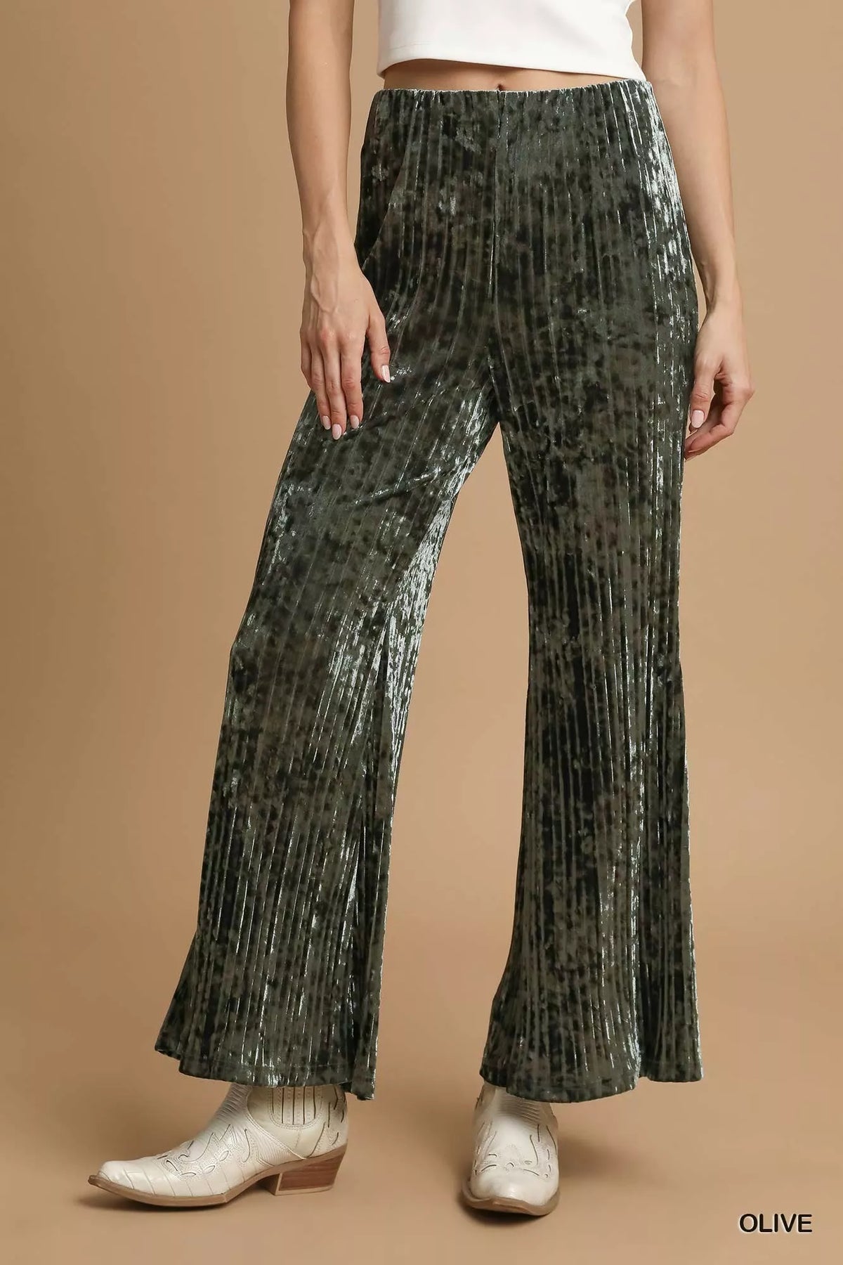 Umgee Velvet Pleated Wide Leg Pants Olive Trendsi