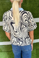 Zebra Stripe Print Contrast V-Neck Ricrac Detail Short Sleeve Blouse Top OutfitFlow