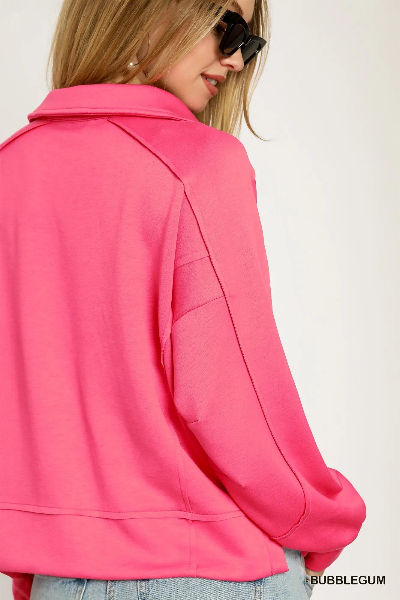 Umgee Exposed Seam Long Sleeve Polo Top with Side Slit OutfitFlow