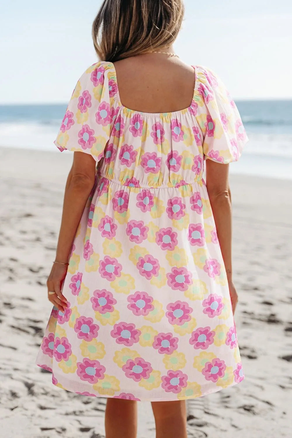Floral Square Neck Puff Sleeve Pleated Flared Midi Dress OutfitFlow