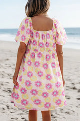 Floral Square Neck Puff Sleeve Pleated Flared Midi Dress OutfitFlow