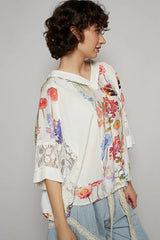 POL Floral V-Neck Raw Edge T-Shirt with Lace Detail OutfitFlow