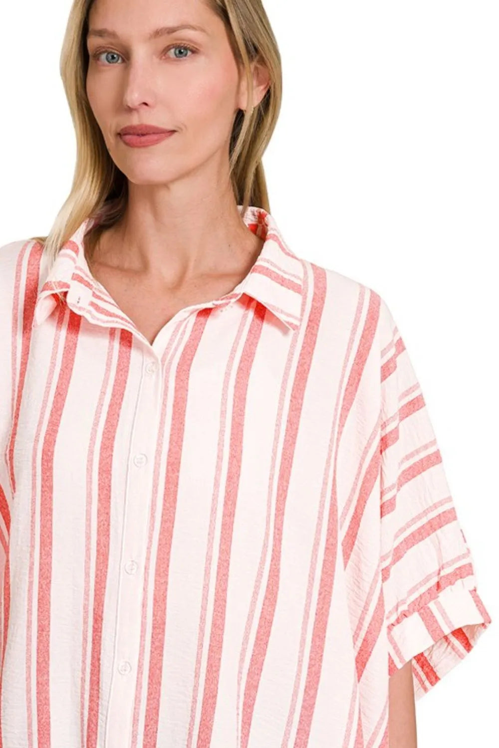 Zenana Woven Yarn-Dye Stripe Oversized Button Down Shirt OutfitFlow