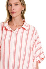 Zenana Woven Yarn-Dye Stripe Oversized Button Down Shirt OutfitFlow