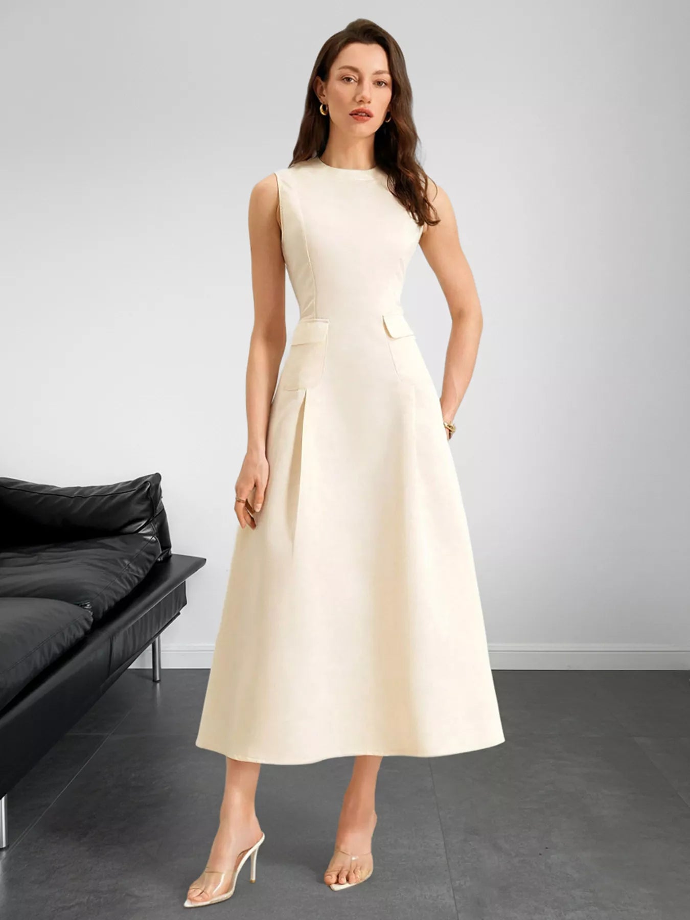 Sleeveless A-Line Midi Dress with Pockets OutfitFlow