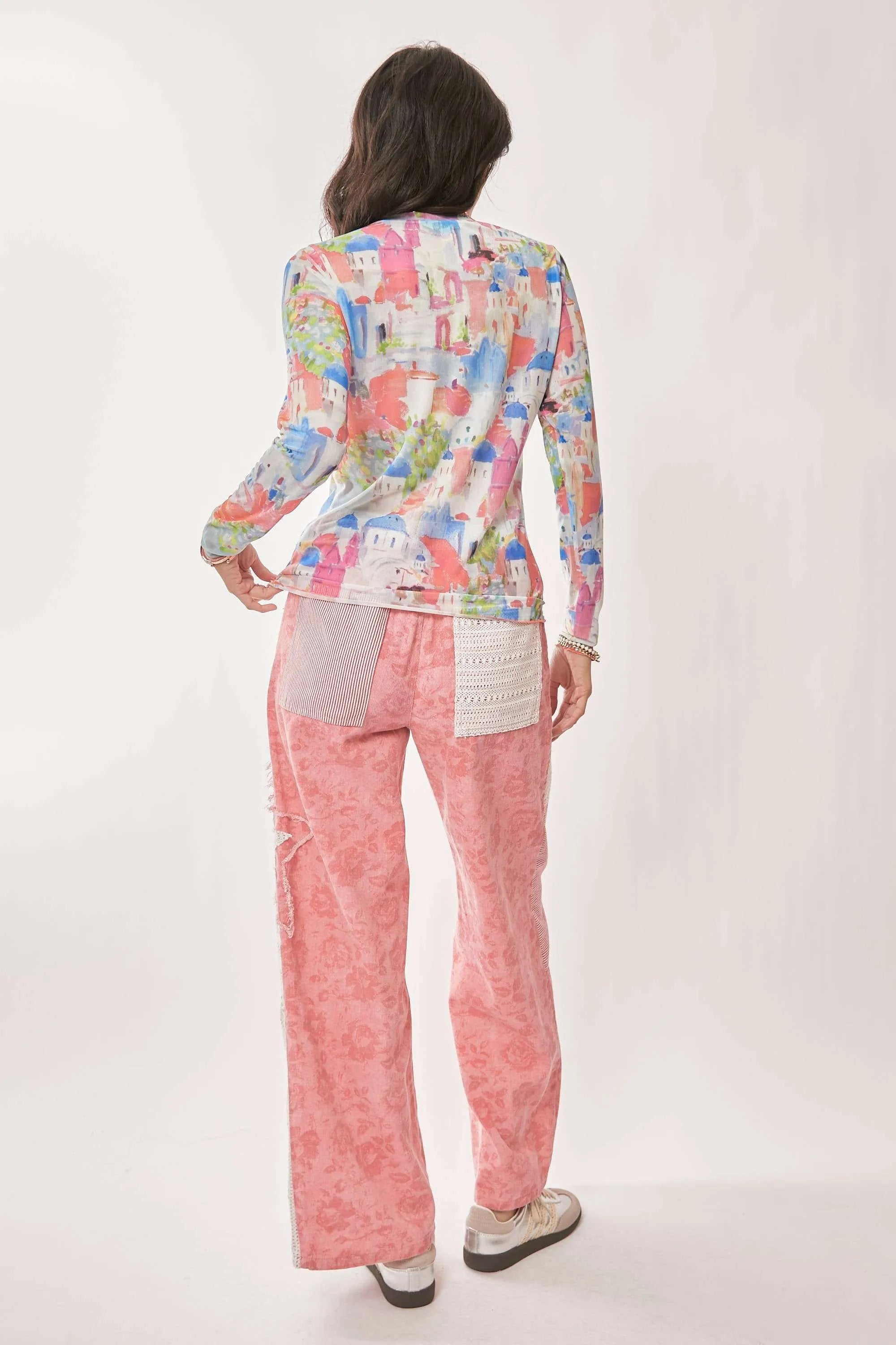 Davi & Dani Multi Printed Mesh Round Neck Long Sleeve Top OutfitFlow