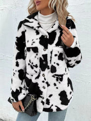 Outfit Flow - Cow Print Collared Neck Button Up Fuzzy Jacket