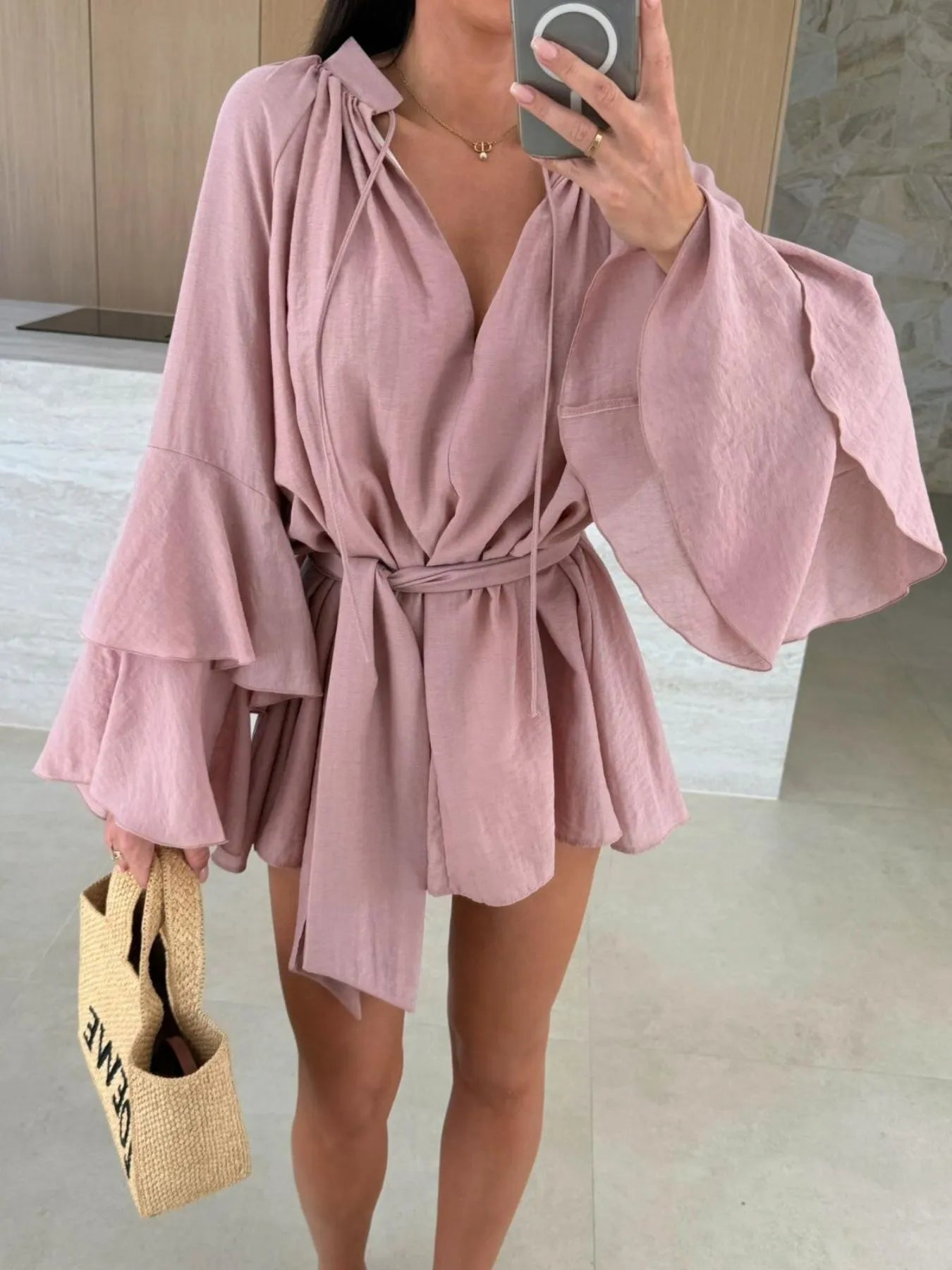 Bell Sleeve Tie Waist Mini Shirt Dress OutfitFlow