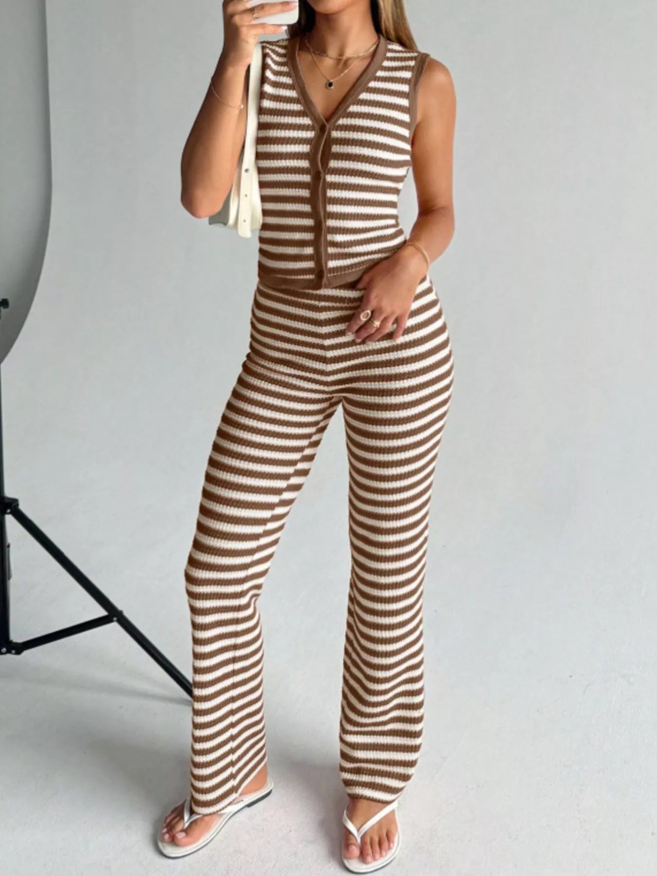 Striped Knit Sleeveless Top and Pants Set OutfitFlow