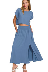 Zenana Heavy Woven Span Crop Tee & Skirt Set OutfitFlow