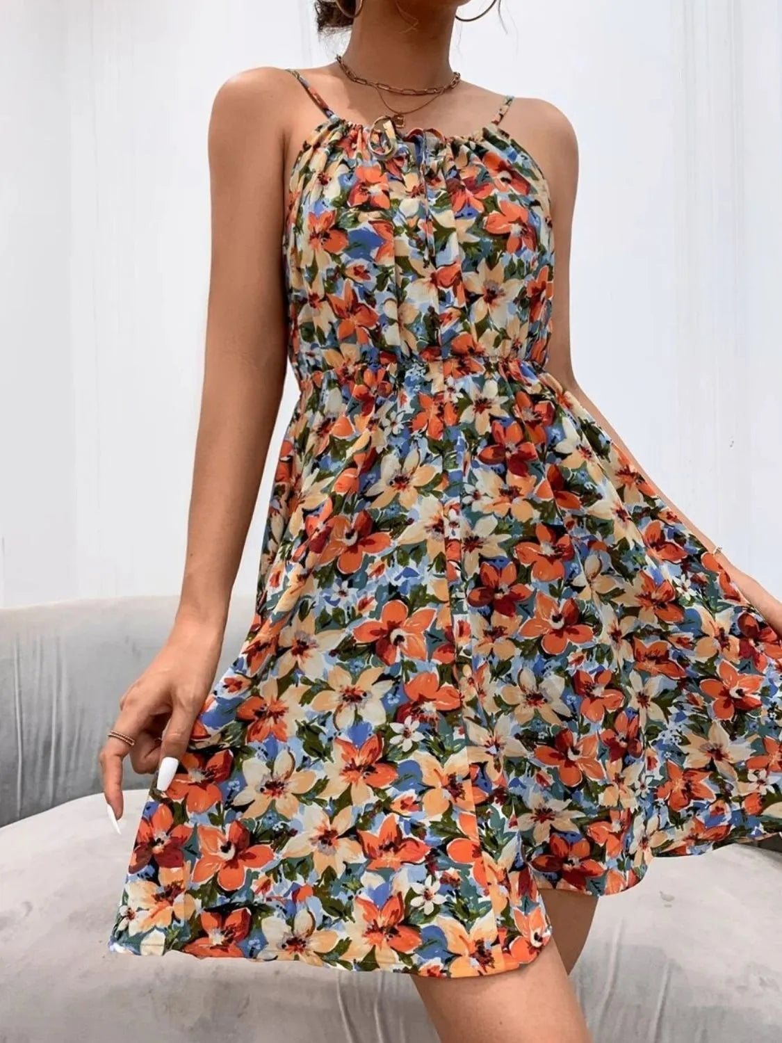 Floral Print Spaghetti Strap Summer Mini Dress OutfitFlow