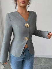 Flower Button Long Sleeve Blazer OutfitFlow