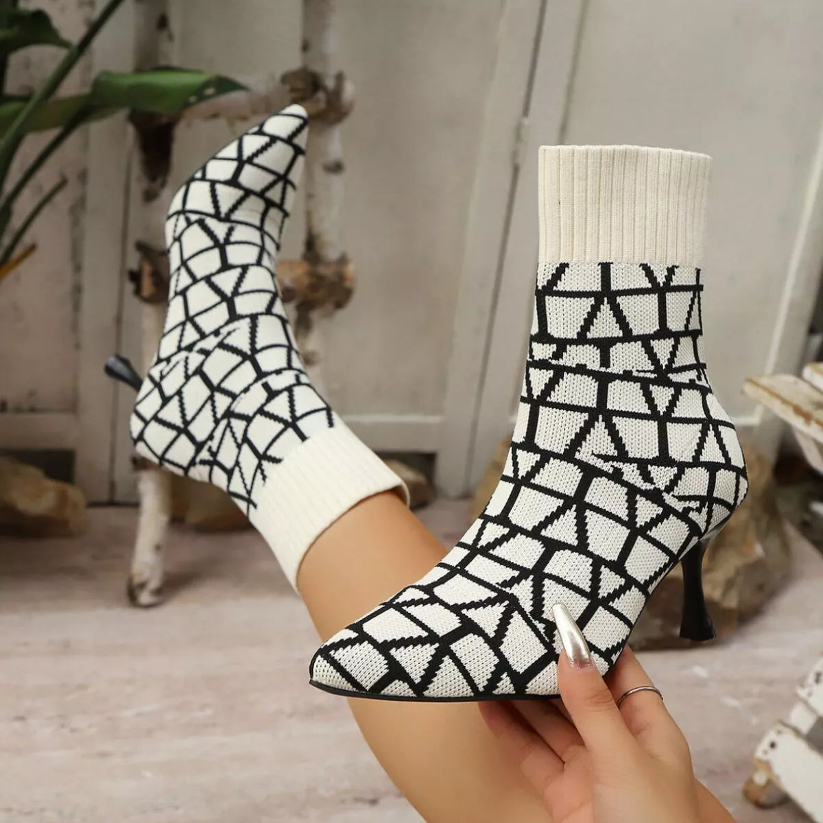 Mesh Point Toe Stiletto Boots Ivory OutfitFlow
