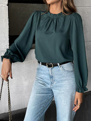 Ruched Round Neck Long Sleeve Blouse OutfitFlow