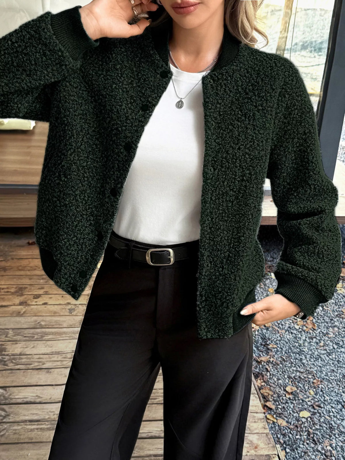 Snap Down Dropped Shoulder Jacket Black OutfitFlow