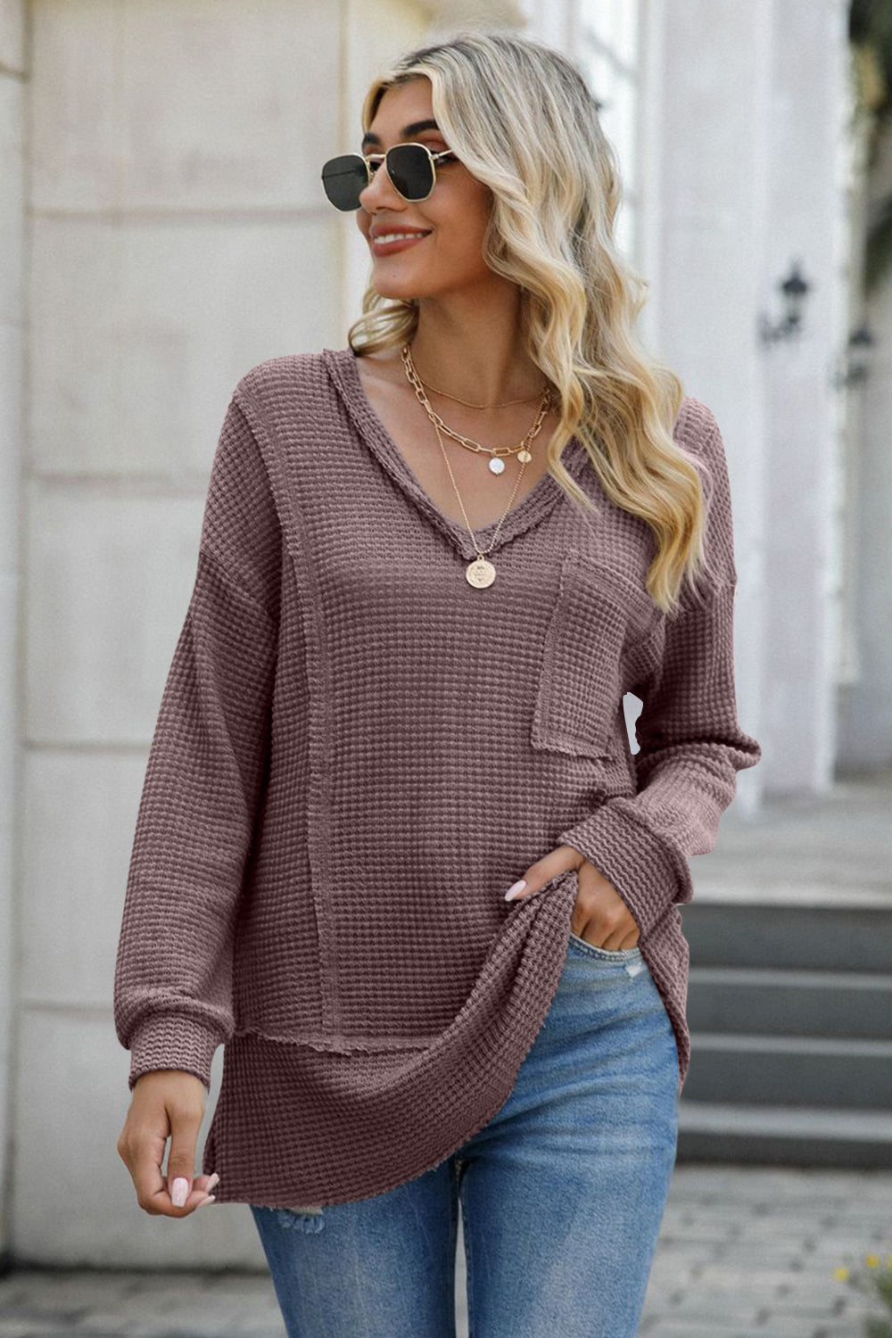 Outfit Flow - Exposed Seam V-Neck Long Sleeve T-Shirt