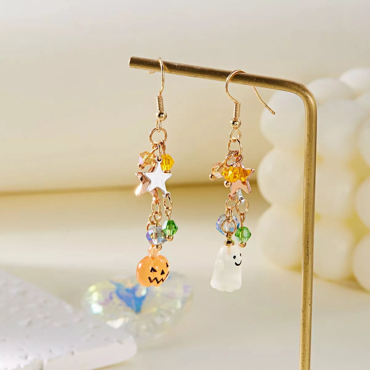 Halloween Asymmetrical Pumpkin Ghost Earrings Style B onesize OutfitFlow