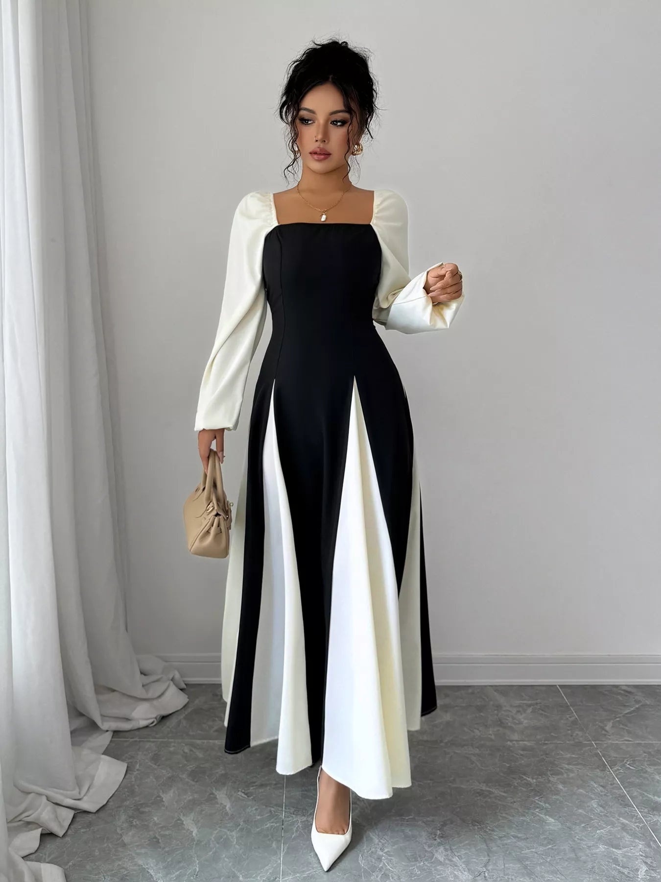 Color Block Square Neck Maxi Dress OutfitFlow