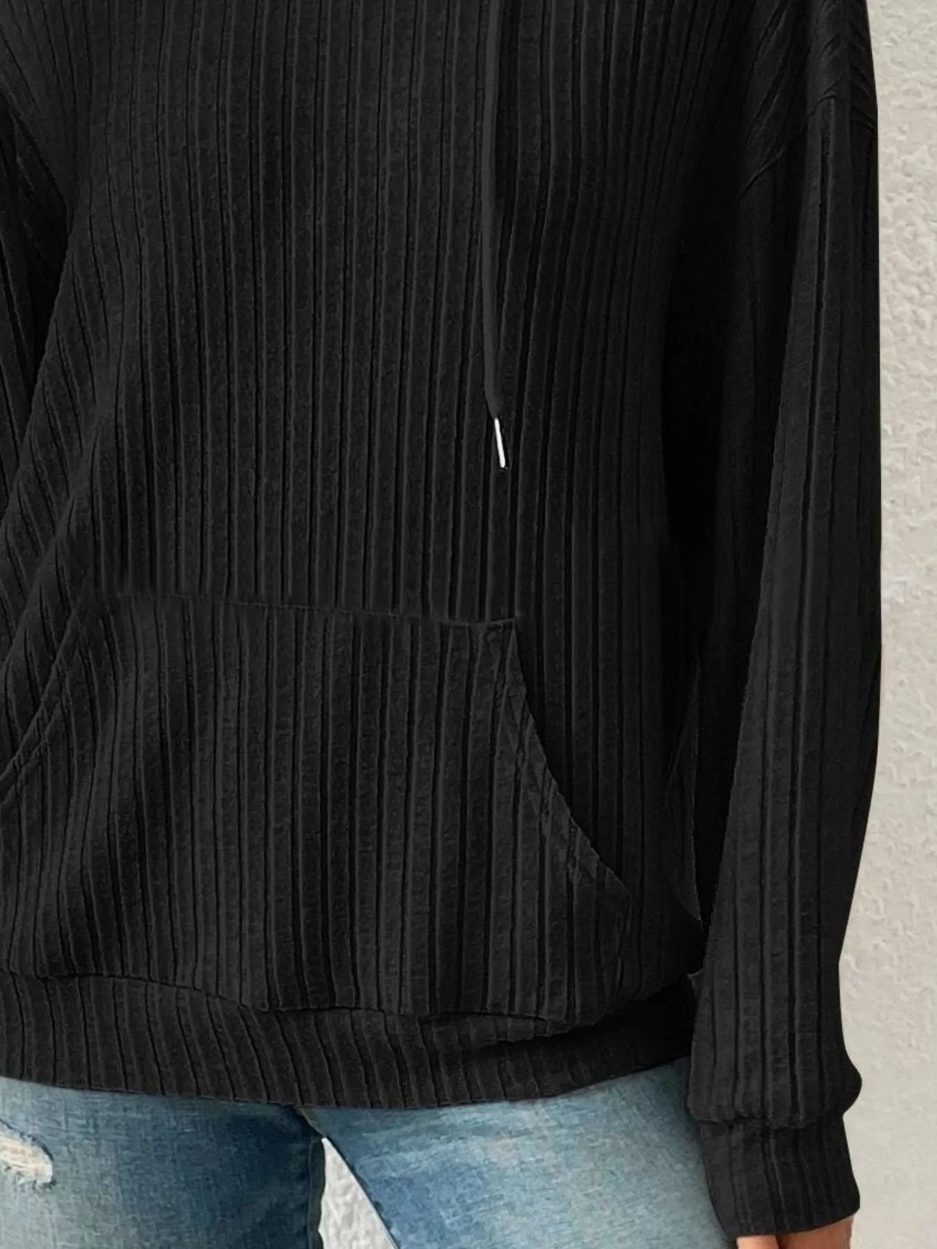 Ribbed Knit Long Sleeve Drawstring Hoodie OutfitFlow