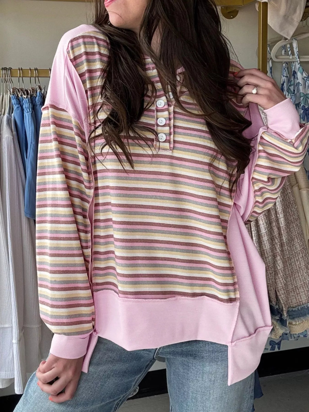 Exposed Seam Color Block Striped Patchwork Loose Henley Sweatshirt Blush Pink Trendsi