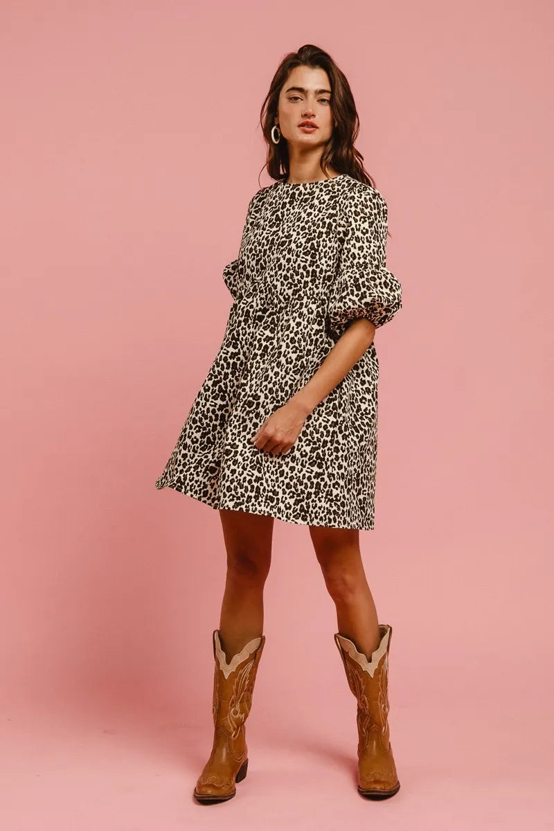 BiBi Leopard Denim Dress With Back Contrast Tie Detail OutfitFlow