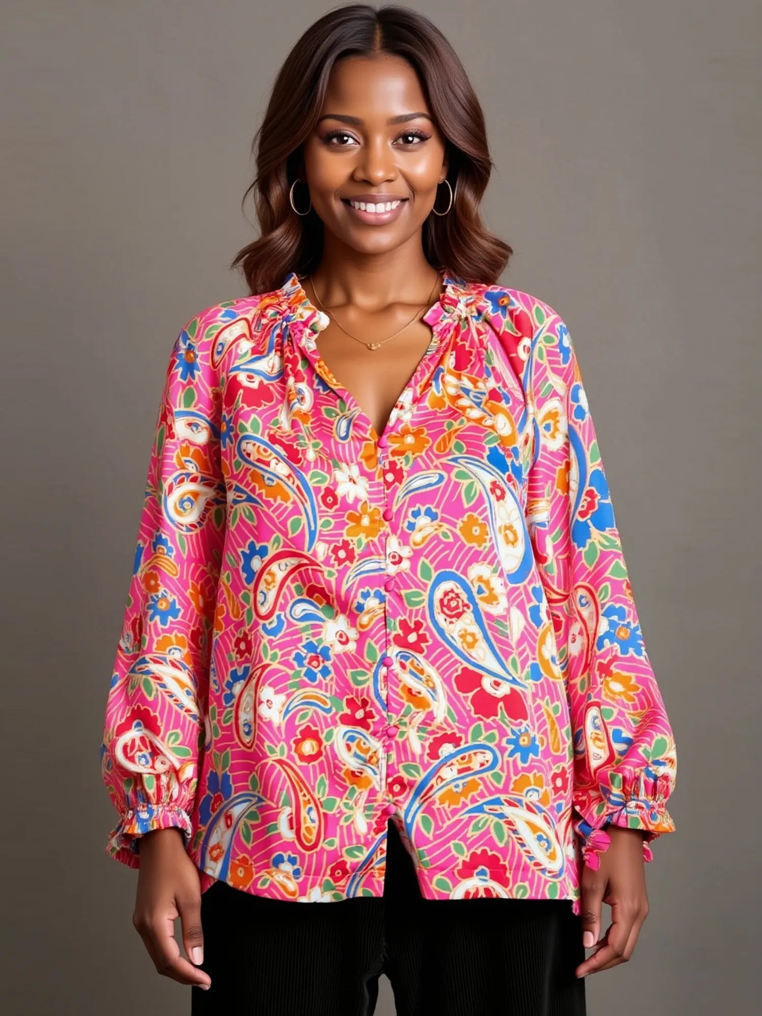 Umgee Full Size Satin Paisley Ruffle Neck Button-Up Shirt Plus Size Trendsi