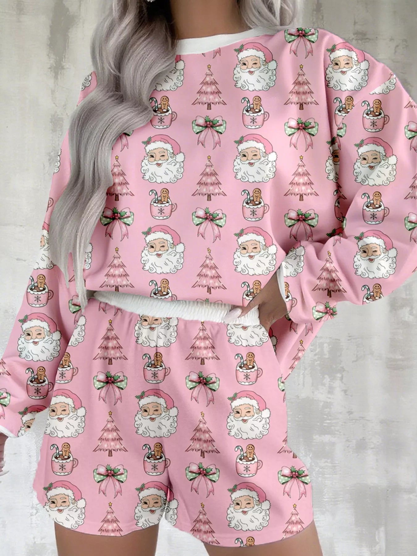 Christmas Santa Print Round Neck Top and Shorts Lounge Set Dusty Pink OutfitFlow