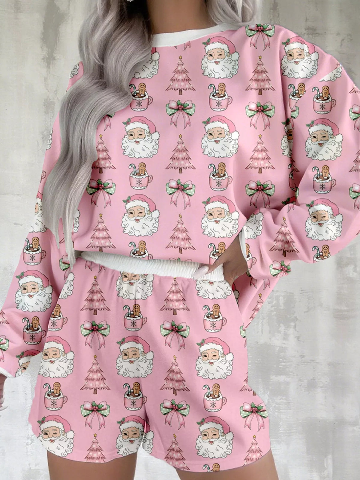 Christmas Santa Print Round Neck Top and Shorts Lounge Set Dusty Pink OutfitFlow