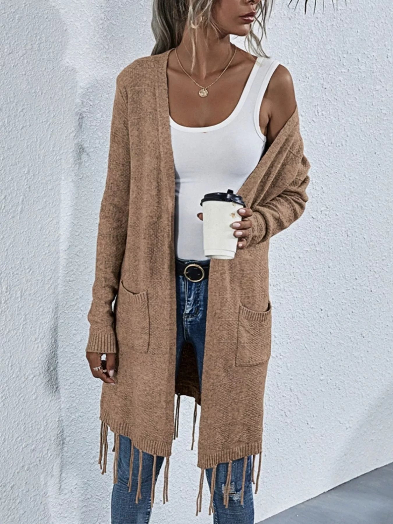 Open Front Fringe Longline Cardigan with Pockets OutfitFlow