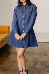 Denim Shirt Collar Long Sleeve Flared Mini Dress Trendsi