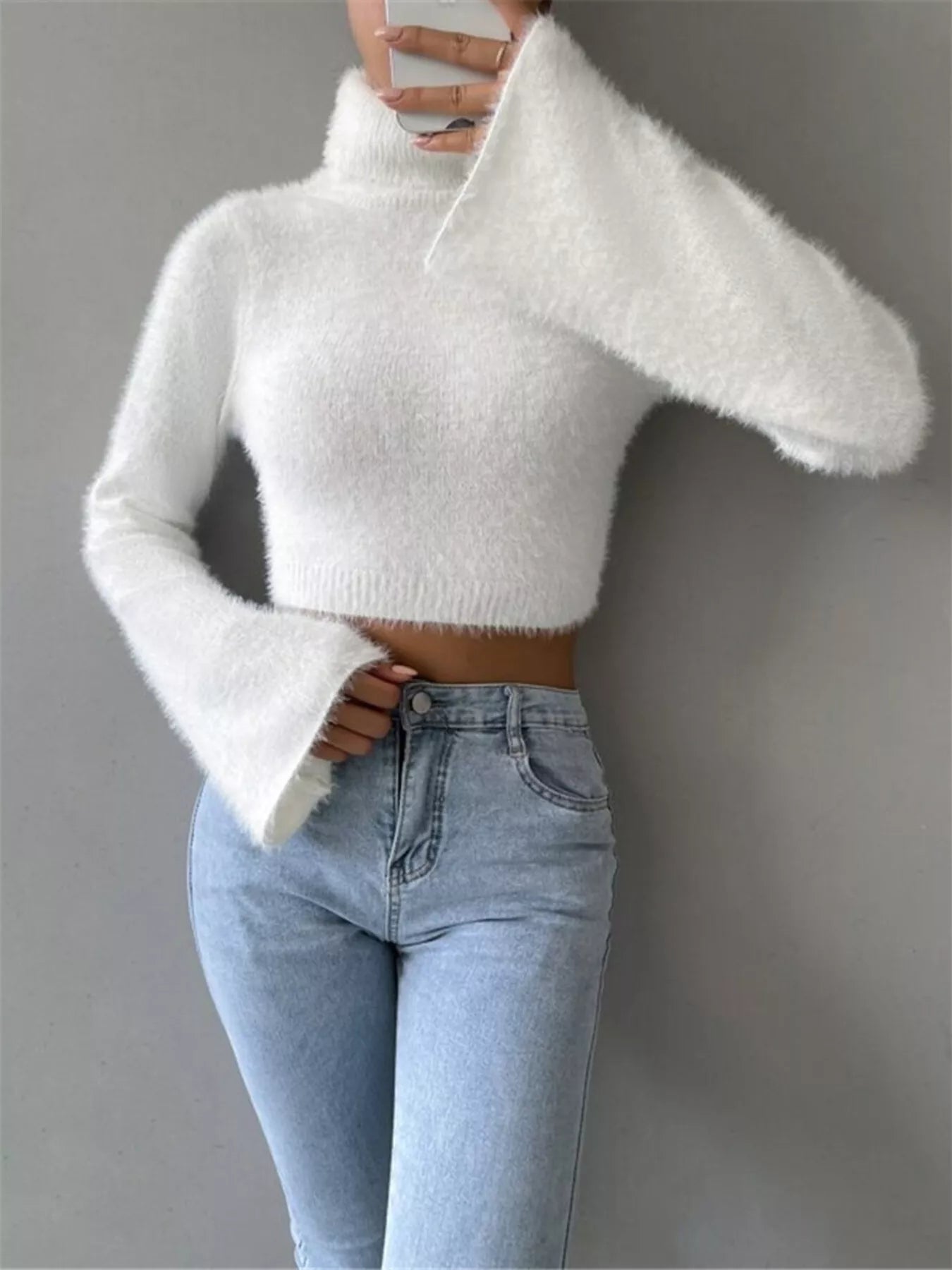 Turtleneck Flare Sleeve Sweater OutfitFlow