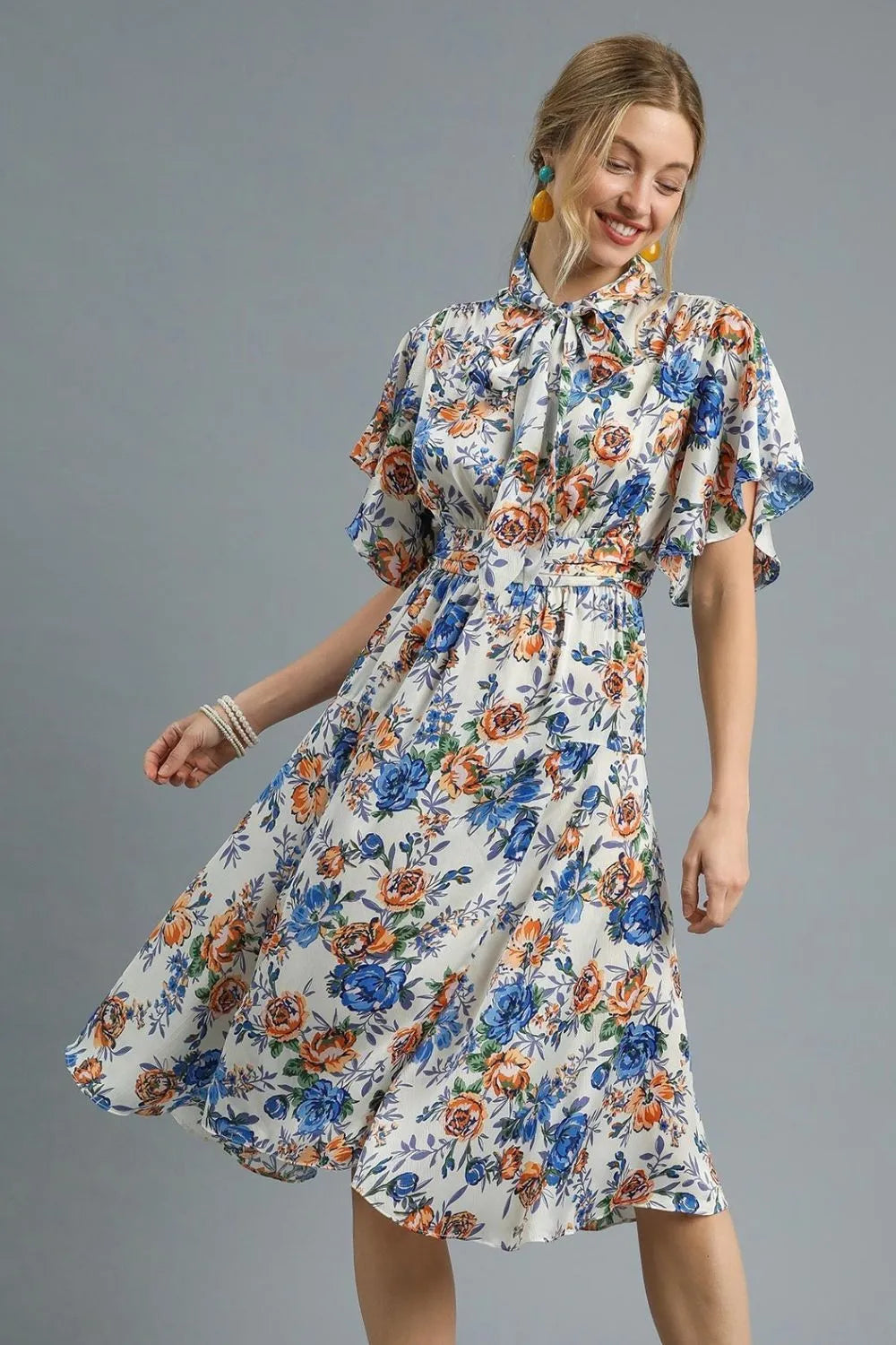 Umgee Floral Print Flutter Sleeve Dress Royal Blue OutfitFlow